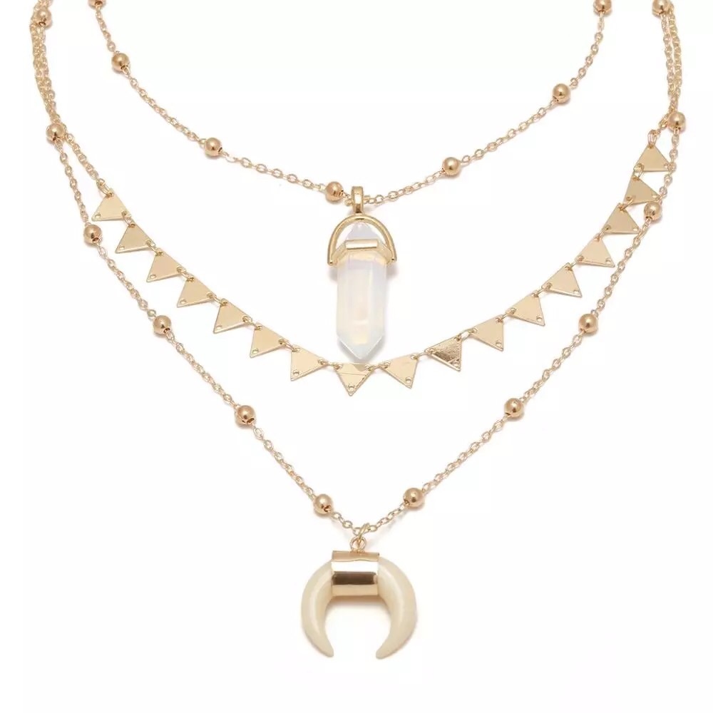 🌀🆕Bohemian 3 layered opal stone gold necklace - Picture 3 of 6